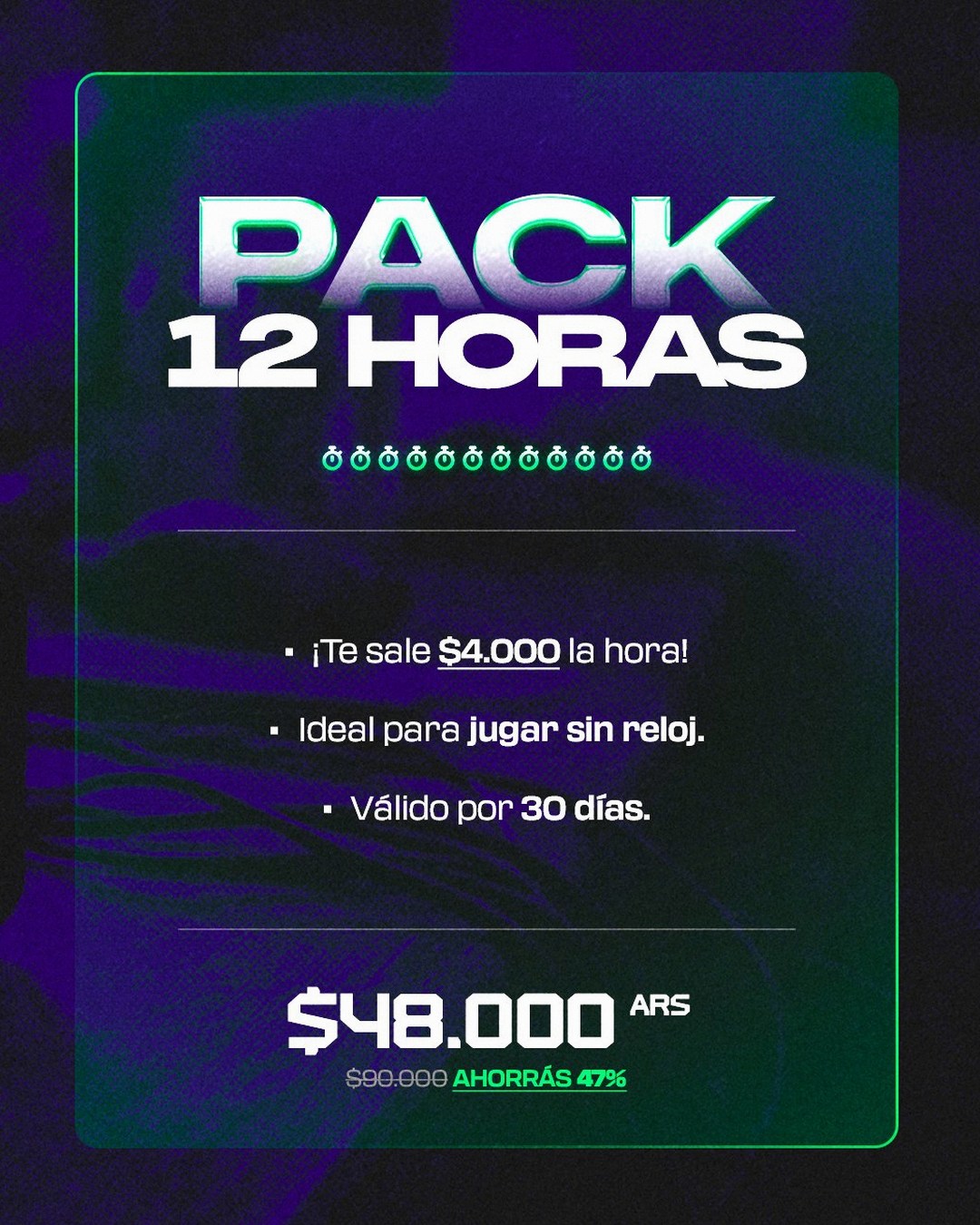 Pack 12 Horas — $48.000 ARS, ahorrás 47%