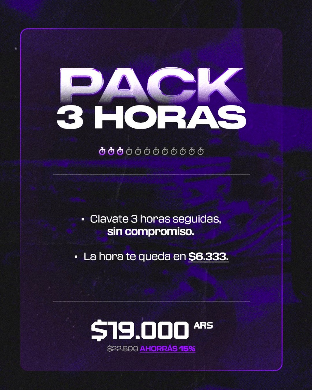 Pack 3 Horas — $19.000 ARS, ahorrás 15%