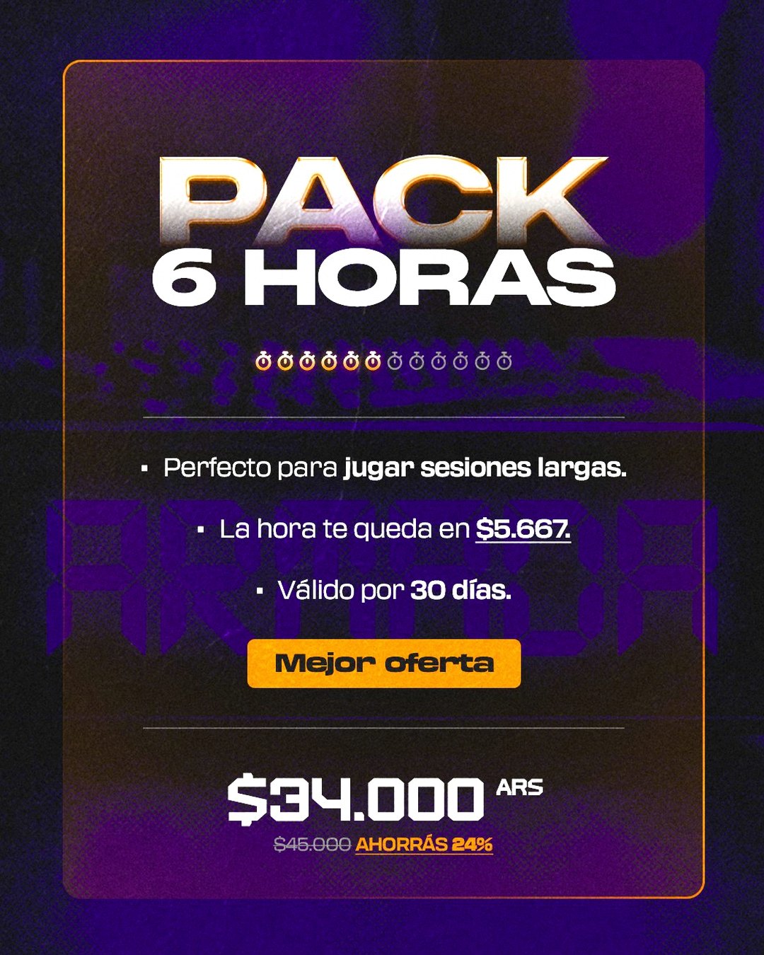 Pack 6 Horas — $34.000 ARS, ahorrás 24%
